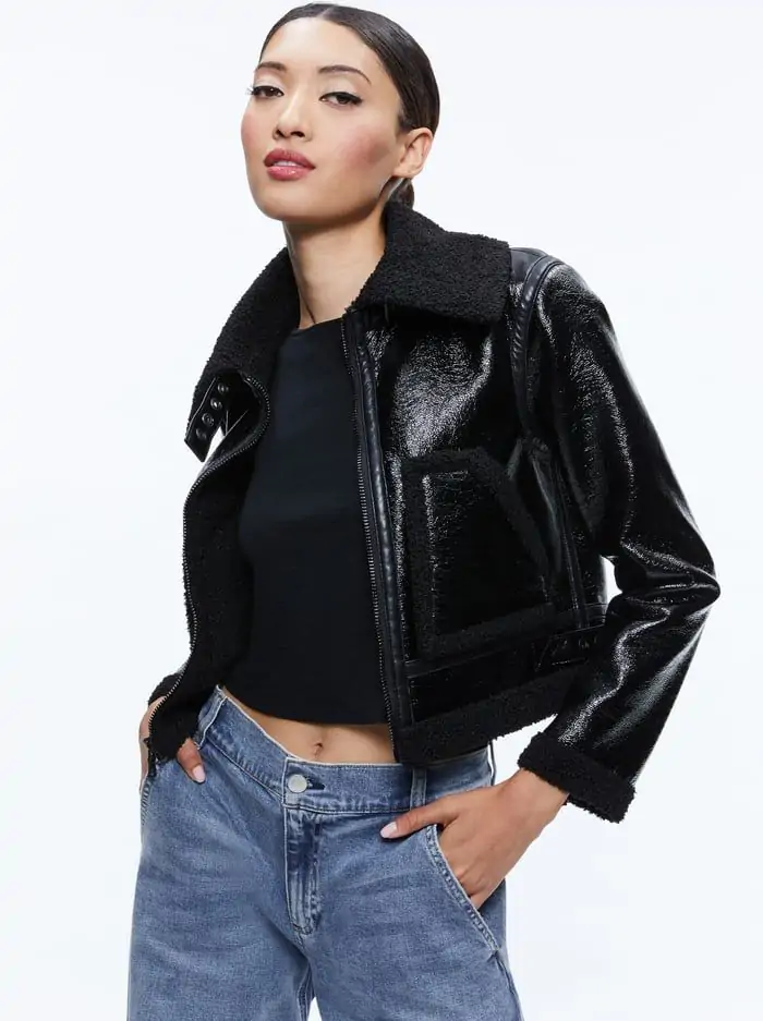 ISAIAH VEGAN LEATHER FAUX SHEARLING CROPPED JACKET